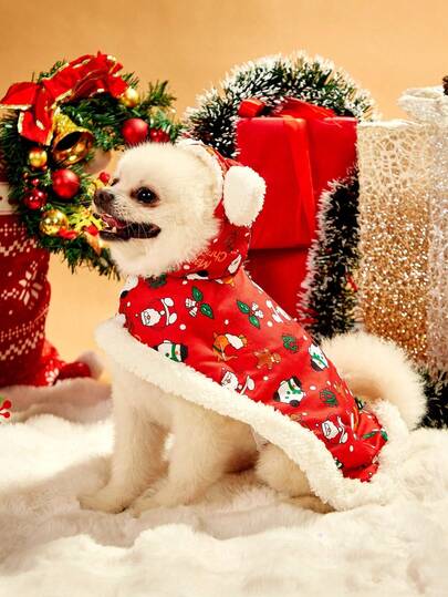 PETSIN 1 pièce Robe de chambre en polaire épaisse, imprimée de Noël, chaude et lavable, convenant aux chats/chiens de taille moyenne et petite. Cadeau de Noël (Veuillez commander 1-2 tailles de plus car le produit est petit)