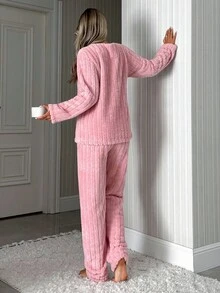 EURMUSE Women 2 Pcs Fuzzy Pelush With Cute Rabbit Embroidery Detail Homewear Pajama Set - Pink - View 2