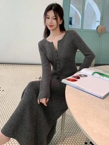 DAZY 女士纯色修身腰长袖开衫和 A 字裙优雅休闲秋冬两件套针织毛衣套装 - 灰色 - 查看 6