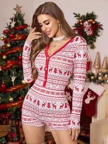 SHEIN ZzzCrew 女士费尔岛印花圣诞图案修身连体睡衣，秋冬款 - 紅色 - 查看 5