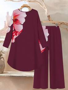 SHEIN Lacomfia Conjunto de 2 piezas de top de cuello redondo y pantalones de ajuste holgado con estampado digital de acuarela floral para mujer