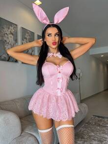 Fantasy Costume Bộ trang phục cô gái thỏ gợi cảm Halloween: Váy ren hai dây có lông mi, băng đô, vòng cổ, tất lưới, 6 món. - Màu Hồng baby - Xem 5