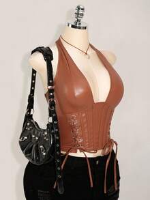 SHEIN ICON 大码女式纯色简约休闲 PU 皮革露背领扣眼装饰系带背心 Y2K 外出酒红色 V 领露肩上衣 - 棕色 - 查看 5