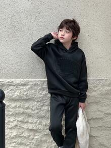 SHEIN Mirajuku 2 Pieces Set Tween Boy Casual Hooded Sweatshirt And Sweatpants, Fall/Winter, School, Campus, College - Black - View 5