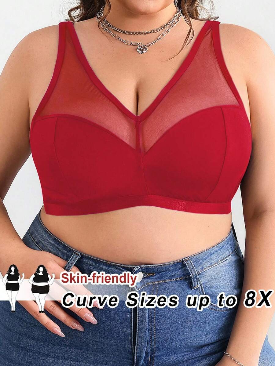 SHEIN CURVE+ 大码纯色网眼插入式无钢圈弧形文胸夏季/乡村/海滩度假装/沙滩装/沙滩装 - 酒紅色 - 查看 1