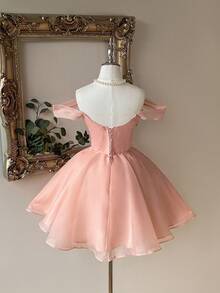 Lovelzi Thanh lịch, lãng mạn, ngọt ngào, duyên dáng, váy hở vai bằng vải organza màu hồng nhạt, có thể điều chỉnh được, thắt eo, thích hợp cho tiệc vũ hội, những dịp bán trang trọng, sinh nhật, khách dự tiệc cưới, tốt nghiệp - Màu Hồng  San hô - Xem 2