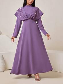 Veilorie Women's Stand Collar Sequin Design Long Sleeve Pleated Elegant Arabic Dress - Purple - View 3