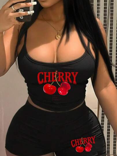 Slaydiva Casual Cherry Print Camisole And Shorts 2 Pieces Tight Fitting Outfit, Suitable For Summer