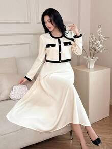 DAZY Women's Elegant Color Block Cardigan Dress Two Pieces Set, Autumn - Beige - View 1