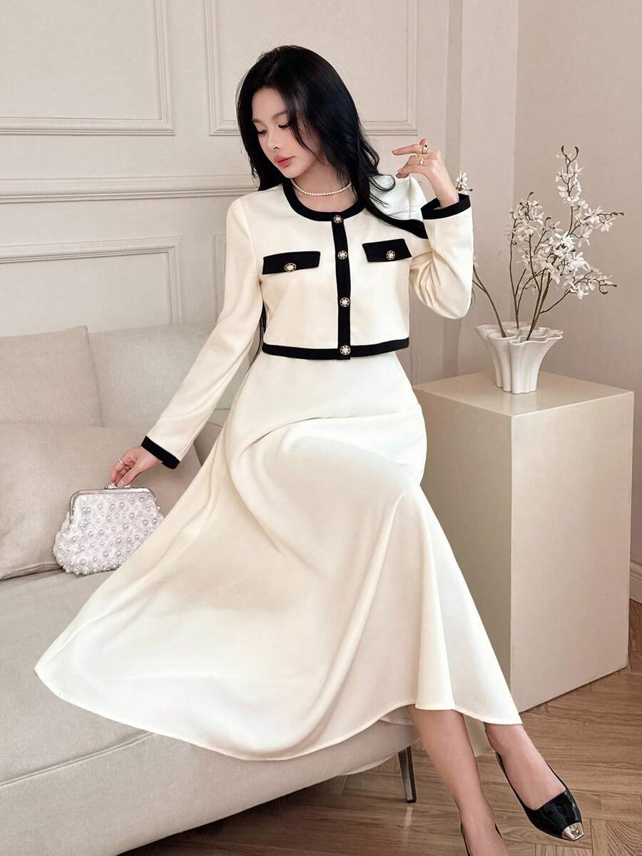 DAZY Women's Elegant Color Block Cardigan Dress Two Pieces Set, Autumn - Beige - View 1