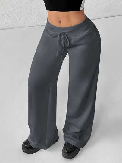 SHEIN PETITE Pantalones de chándal cómodos y casuales de punto liso de tiro bajo y pierna ancha para mujer