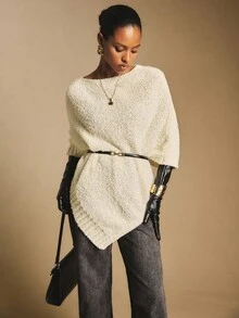 Poéselle Solid Color Casual Loose Asymmetric Hem Women Sweater In Fall/Winter,Cozy Fall And Winter Clothes For Women - Apricot - View 8