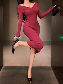 DAZY Elegant Burgundy Autumn Dinner Date Women's Bodycon Sweater Dress,Open Shoulder Backless Spaghetti Strap,Cinched Waist,Perfect For Weddings & Parties - Red - View 9