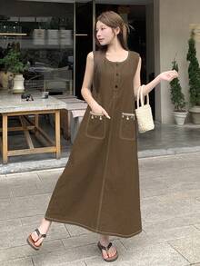 DAZY 女士休闲宽松无袖牛仔连衣裙，适合春夏穿着的百搭连衣裙 - 咖啡 - 查看 5