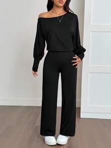 SHEIN PETITE Women's Solid Color Asymmetric Collar Casual Jumpsuit, Suitable For Petite,Fall Clothes For Women,Chic Women's Jumpsui,Elegant,Civil Wedding,Wedding Guest , Party,Home, Leisure, Comfort Upgrade,Sporty, Multifunctional - Black - View 8