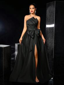 Glamrae Elegant Romantisk Gul Satin Asymmetrisk Plisserad Axelbandslös Överdimensionerad Rosettdekoration Hög Slits Maxikjol, Lämplig För Formella Tillfällen, Fester, Dejter, Galor - Svart - Visa 7