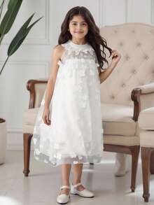 女童圆领无袖连衣裙，3D花卉面料，优雅大方，适合派对