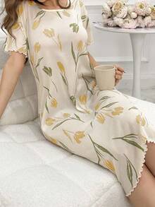 Textured Fabric Short Sleeve Sleep Dress Pajama Dress With Tulip Print, Moo Moo - Yellow - View 5