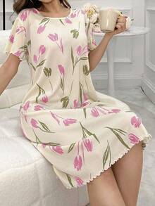 CottageSlumber Cămașă de noapte tip pijama cu mânecă scurtă, cu imprimeu de lalele, texturată, pentru sezonul de sărbători, Moo Moo - Baby Pink - Vizualizare 5