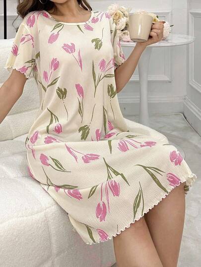 CottageSlumber Textured Fabric Tulip Printed Short Sleeved Pajama Nightdress Holiday Season, Moo view 5