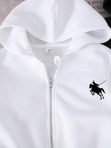 SHEIN 2件套青少年女孩宽松休闲黑色连帽拉链运动衫 - 黑與白 - 查看 3