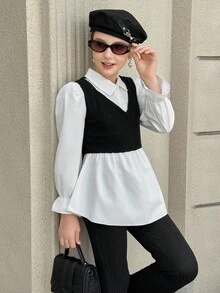 Streelcool Girls Blouse,Black And White Elegant Faux Fur Knit Ribbed Patchwork Shirt,High Waist Ruffle Hem,Puff Lantern Sleeves,School,Back-To-School - Black and White - View 5