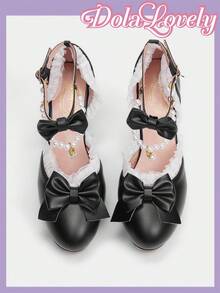 Dola Lovely Zapatos de tacón alto estilo Lolita con decoración de perla y lazo, zapatos de plataforma de punta redonda estilo princesa dulce para mujer - Negro - Ver 9