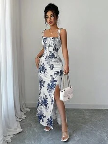 Elenzga 新款女式细肩带蝴蝶结腰部褶饰下摆开衩设计连衣裙，适合约会、派对、日常穿着，优雅迷人 - 寶藍色 - 查看 4