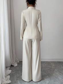 Elenzga 女士杏色厚面料V领西装外套设计黑色撞色纽扣假口袋教师制服优雅职业装，感恩节万圣节氛围，秋季新款时尚必备高端端庄长袖收腰宽松直筒裤两件套 - 杏色 - 查看 2