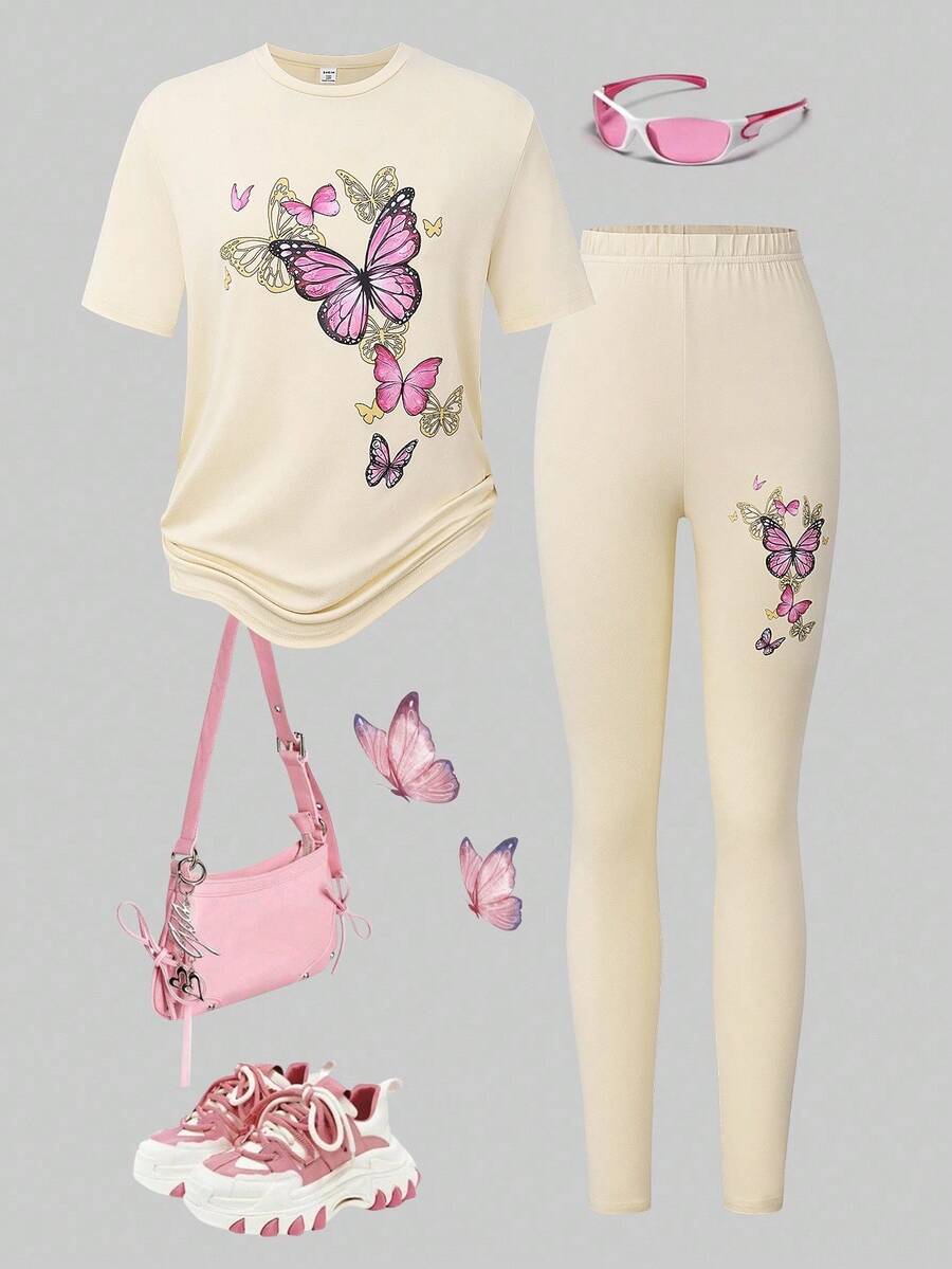 Sparklyn 青少年休闲百搭通勤日常运动蝴蝶图案黑色圆领短袖T恤+打底裤套装 - 杏色 - 查看 1