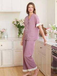 Snug Reverie Women Summer Contrast Color Ruffle V-Neck Cardigan Shirt And Pants Sleepwear Set - Mauve Purple - View 5