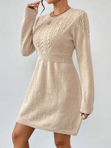 EMERY ROSE 女士休闲纯色腰部收紧圆领长袖毛衣连衣裙 - 杏色 - 查看 4