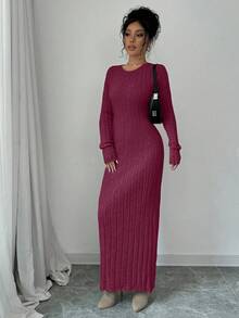 Selianne 休闲纯色长袖修身女式毛衣裙 - 酒紅色 - 查看 6
