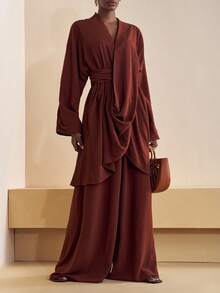 Zivah 2025 年秋季新款音乐节、复活节、圣帕特里克节、西部风、游牧风、生日派对、毕业典礼、学院风、学生装、日常休闲、百搭百搭、休闲、邮轮旅行、海滩、日光浴、病毒式传播、街头服饰、婚礼宾客波西米亚风、通勤、早午餐、机场、派对和节日服装 2 件套：交叉裹身 3/4 袖上衣和亚麻棕色阔腿裤 - 棕色 - 查看 1