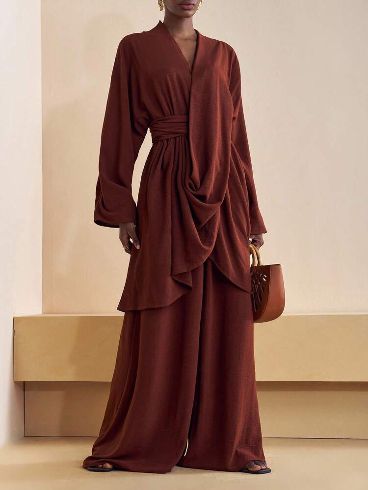 Zivah 2025 Autumn New Music Festival, Easter, St. Patrick's Day, Western, Nomadic, Birthday Party, Graduation, College Style, Student Wear, Daily Casual, All-Match Versatile, Leisure, Cruise Travel, Beach, Sunbathing, Viral , Streetwear, Wedding Guest Boho, Commute, Brunch, Airport, Party & Holiday Outfits 2-Piece Set: Cross-Wrap 3/4 Sleeve Top And Wide Leg Pants In Linen Brown - Brown - View 1