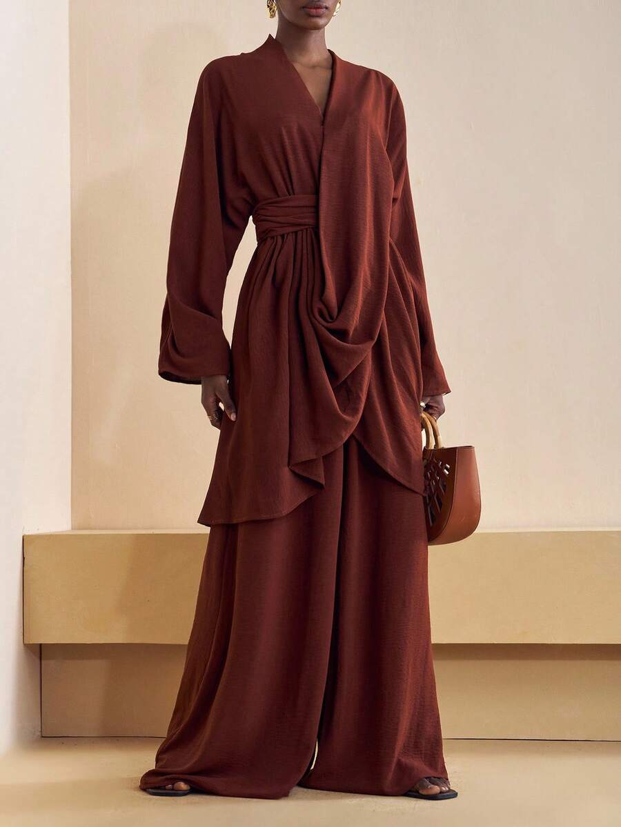 Zivah 2025 年秋季新款音乐节、复活节、圣帕特里克节、西部风、游牧风、生日派对、毕业典礼、学院风、学生装、日常休闲、百搭百搭、休闲、邮轮旅行、海滩、日光浴、病毒式传播、街头服饰、婚礼宾客波西米亚风、通勤、早午餐、机场、派对和节日服装 2 件套：交叉裹身 3/4 袖上衣和亚麻棕色阔腿裤 - 棕色 - 查看 1