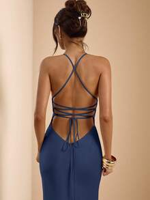 SHEIN BAE Váy đuôi cá dài, hở lưng, cổ chữ V sâu màu mơ và trắng, dây mảnh, chất liệu satin, buộc nơ, đầm thanh lịch, đầm đi nghỉ, đầm phù dâu, đầm dự tiệc sinh nhật, đầm tốt nghiệp/trở lại trường, đầm trắng - Màu xanh hải quân - Xem 3