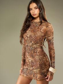 MISSGUIDED Trendsetter Rhinestone Embellished Mini Dress Long Sleeve Bodycon Party Club Night Holiday Evening Fitted Sparkle Crystal Special Occasion - Multicolor - View 6