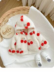 Newborn Baby Girl Cute Versatile Fuzzy Cherry Pattern Hooded Jacket, Autumn/Winter Fall