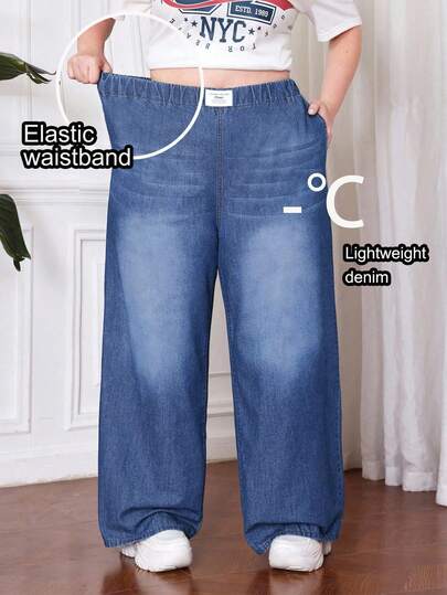 SHEIN CURVE+ 女式加大码蓝色牛仔裤松紧腰带轻薄面料牛仔裤舒适凉爽修身直筒裤