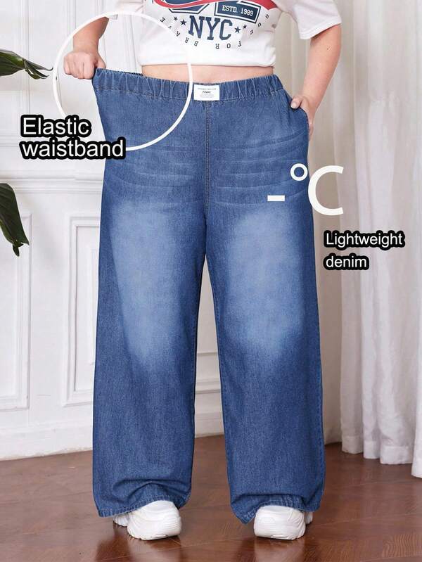 SHEIN CURVE+ Women's Plus Size Blue Jeans Elastic Waistband Light Fabric Jeans Comfortable And Cool Slimming Straight Pants