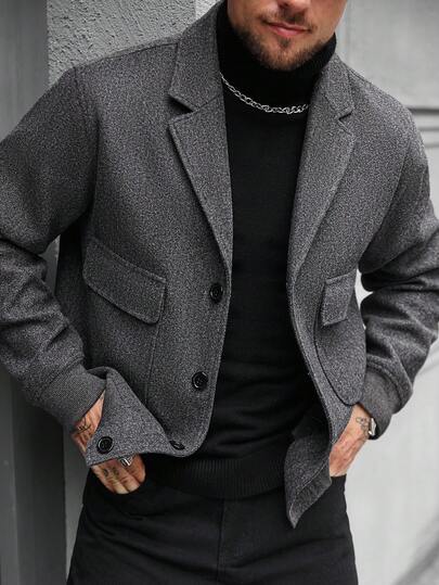 Manfinity CasualCool 男士纯色常规肩长袖前扣短款休闲羊毛大衣，冬季