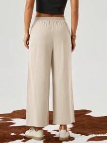 SHEIN LUNE 女士休闲亚麻混纺九分裤，卡其色，适合返校、教师制服、秋季 - 卡其色 - 查看 2