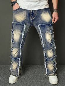 SHEIN Bolty Tween 男童时尚休闲设计感粗犷的方形三角剪裁黑色牛仔裤，弹性面料，适合日常穿着和秋季穿着，童装街头风牛仔裤，男童牛仔裤 - 深色水洗藍 - 查看 4