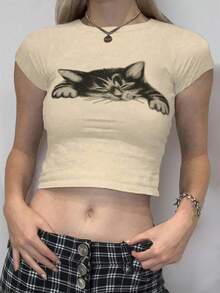 INAWLY Women's Cat Printed Round Neck Short Sleeve Cropped Casual T-Shirt, Summer Graphic Tees Women Tops - Beige - View 3