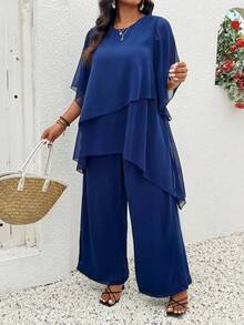 Weeklong 大码雪纺面料多层不对称交叉重叠不对称喇叭袖上衣+双层雪纺裤休闲度假通勤两件套 - 藍色 - 查看 5