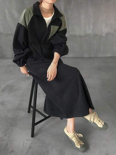 FRIFUL Women's Loose Fit Colorblock Casual Dress, Sporty Street Style, Autumn
