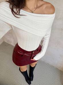 SHEIN Unity 女式纯色罗纹休闲意式长袖毛衣上衣，秋冬 - 杏色 - 查看 6