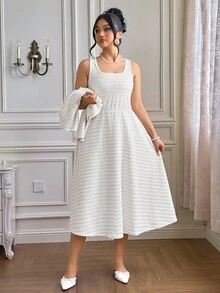 Roveilla Plus Size Women Tweed Vest Dress & Jacket 2 Pieces Set - White - View 5