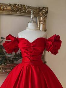 Lovelzi Váy chữ A rộng tay cánh hoa hở vai màu đỏ rượu vang thanh lịch & quý phái, thích hợp cho đám cưới, tiệc tùng, kỳ nghỉ, lễ tốt nghiệp, vũ hội trang trọng, váy dự tiệc cưới, váy dự tiệc cocktail - Màu Đỏ Sâu - Xem 3